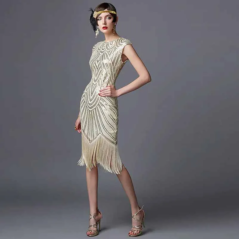 1920s Knee Length Flapper Party Dress Tassels Hem Sequined Cocktail Dresses