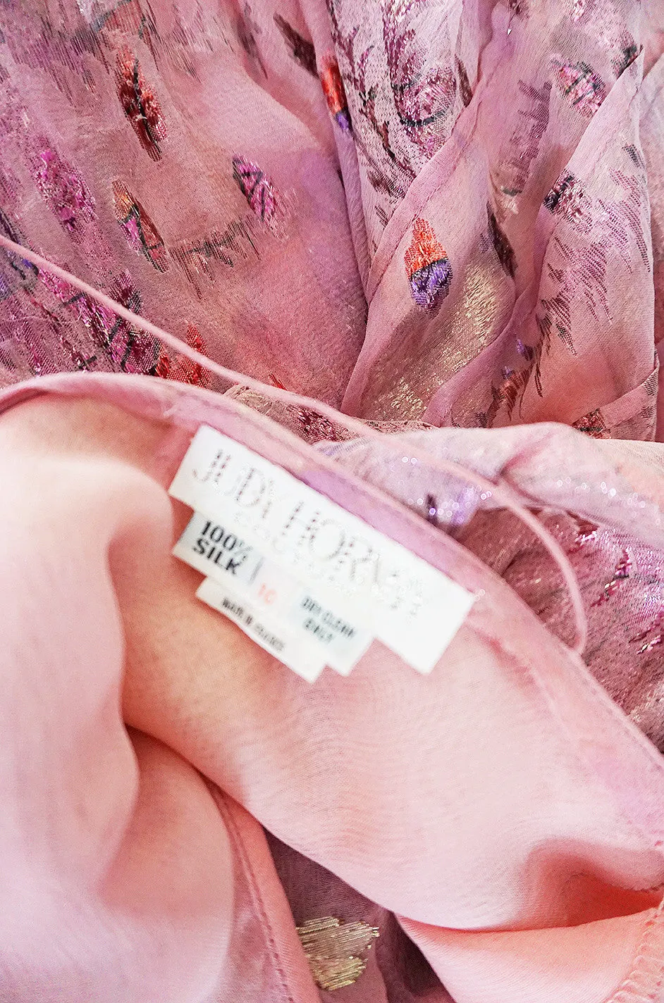 1980s Spiral Bias Cut Pink Silk Metallic Judy Hornby Dress