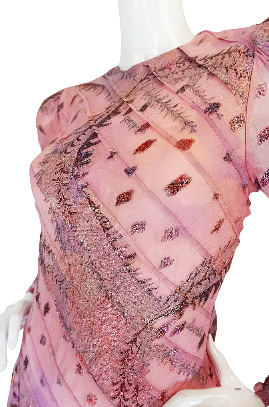1980s Spiral Bias Cut Pink Silk Metallic Judy Hornby Dress