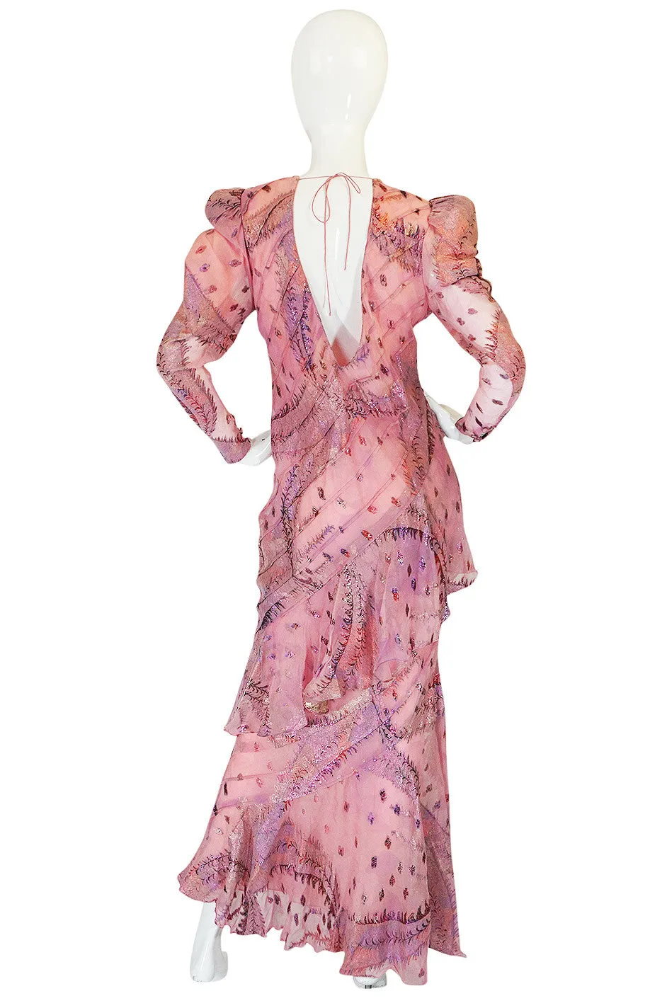 1980s Spiral Bias Cut Pink Silk Metallic Judy Hornby Dress