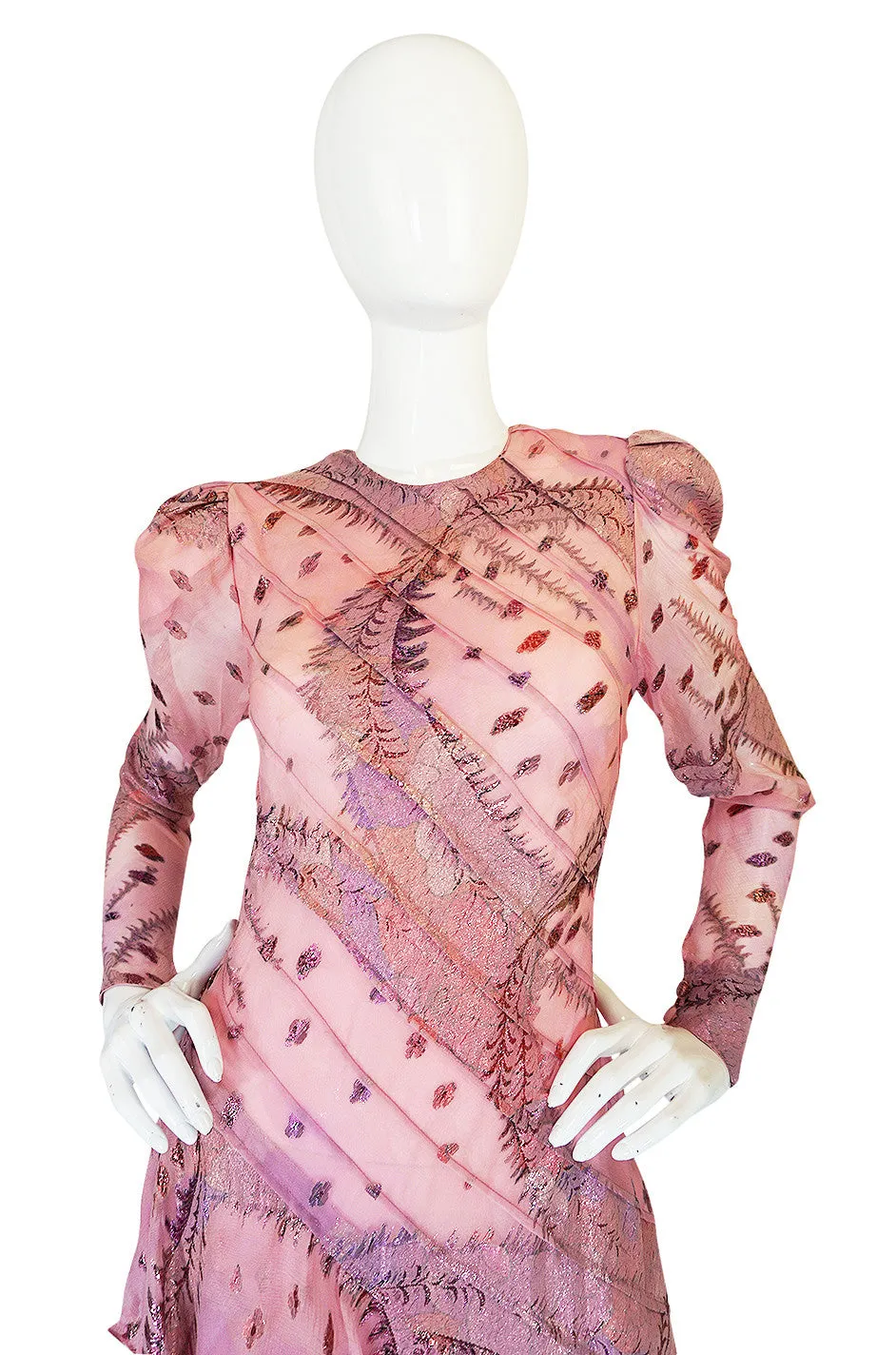 1980s Spiral Bias Cut Pink Silk Metallic Judy Hornby Dress