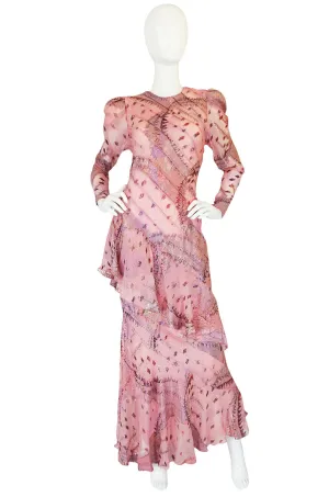 1980s Spiral Bias Cut Pink Silk Metallic Judy Hornby Dress