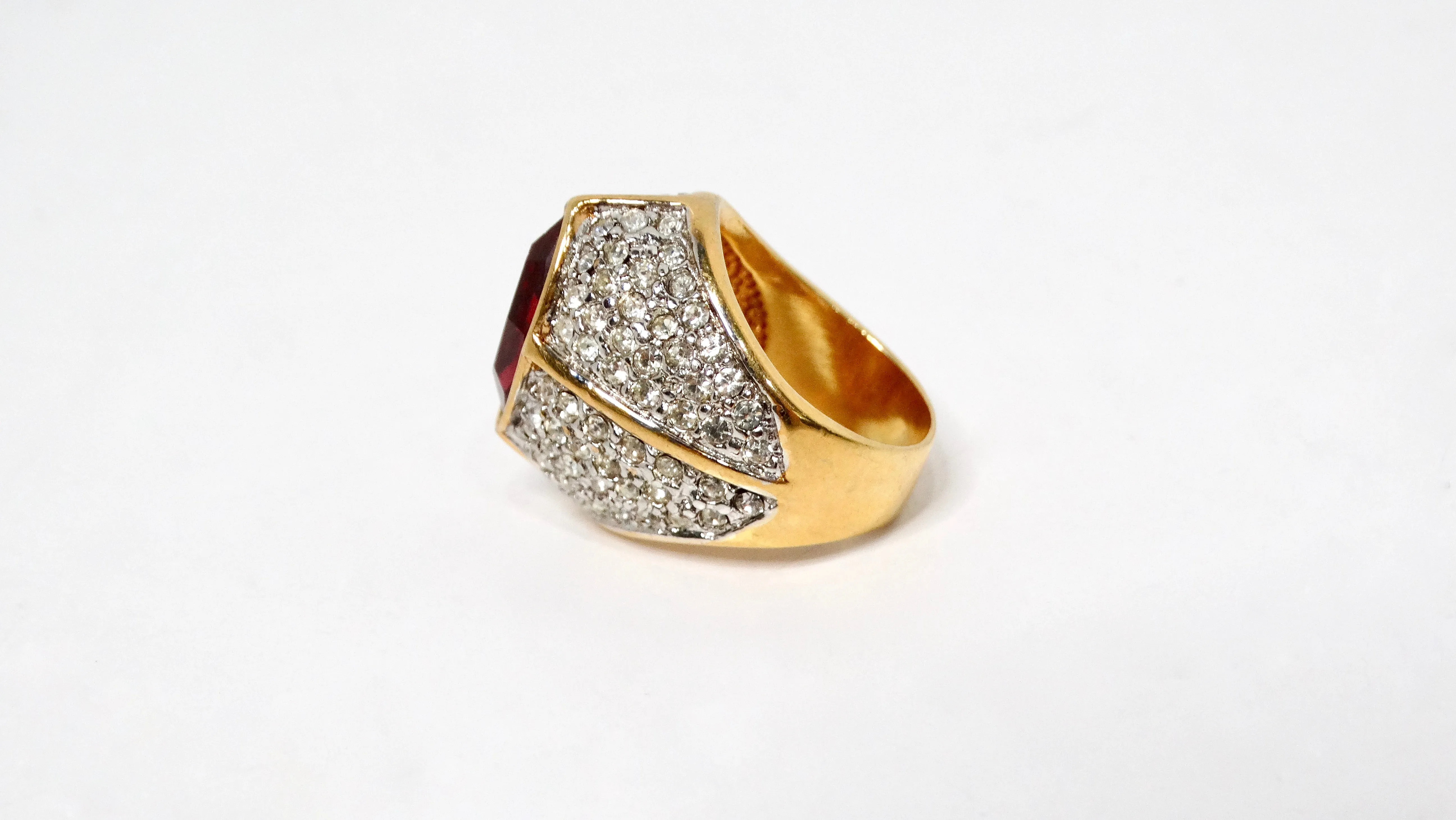 1990s 18k Gold Plated Red Synthetic Ruby & Crystal Cocktail Ring