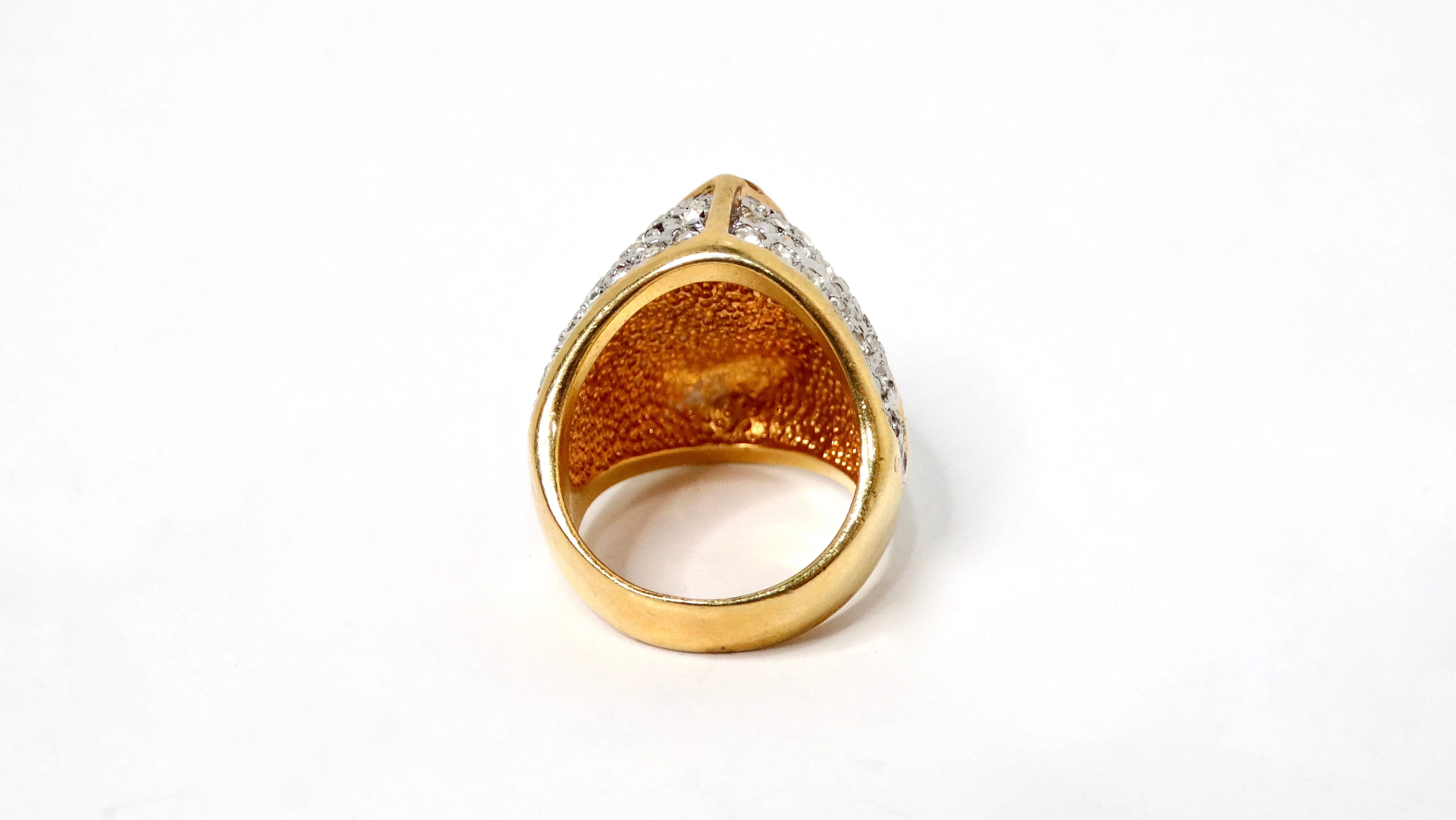 1990s 18k Gold Plated Red Synthetic Ruby & Crystal Cocktail Ring