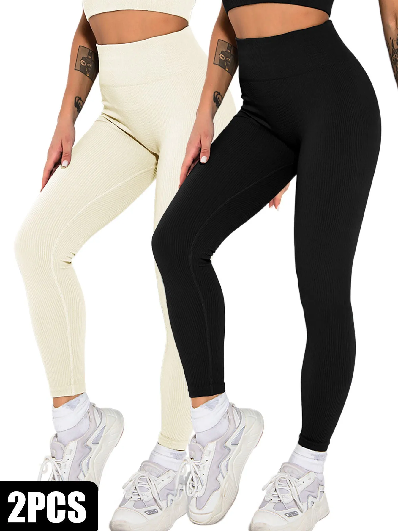 2-Pack Women's Seamless Ribbed Yoga Pants – Soft, Slimming, High-Waisted Gym Leggings for Fitness & Sport