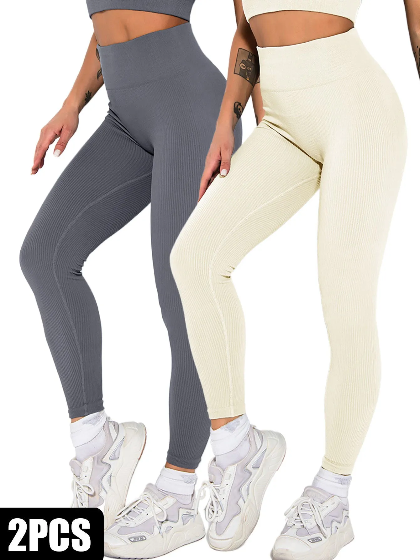 2-Pack Women's Seamless Ribbed Yoga Pants – Soft, Slimming, High-Waisted Gym Leggings for Fitness & Sport