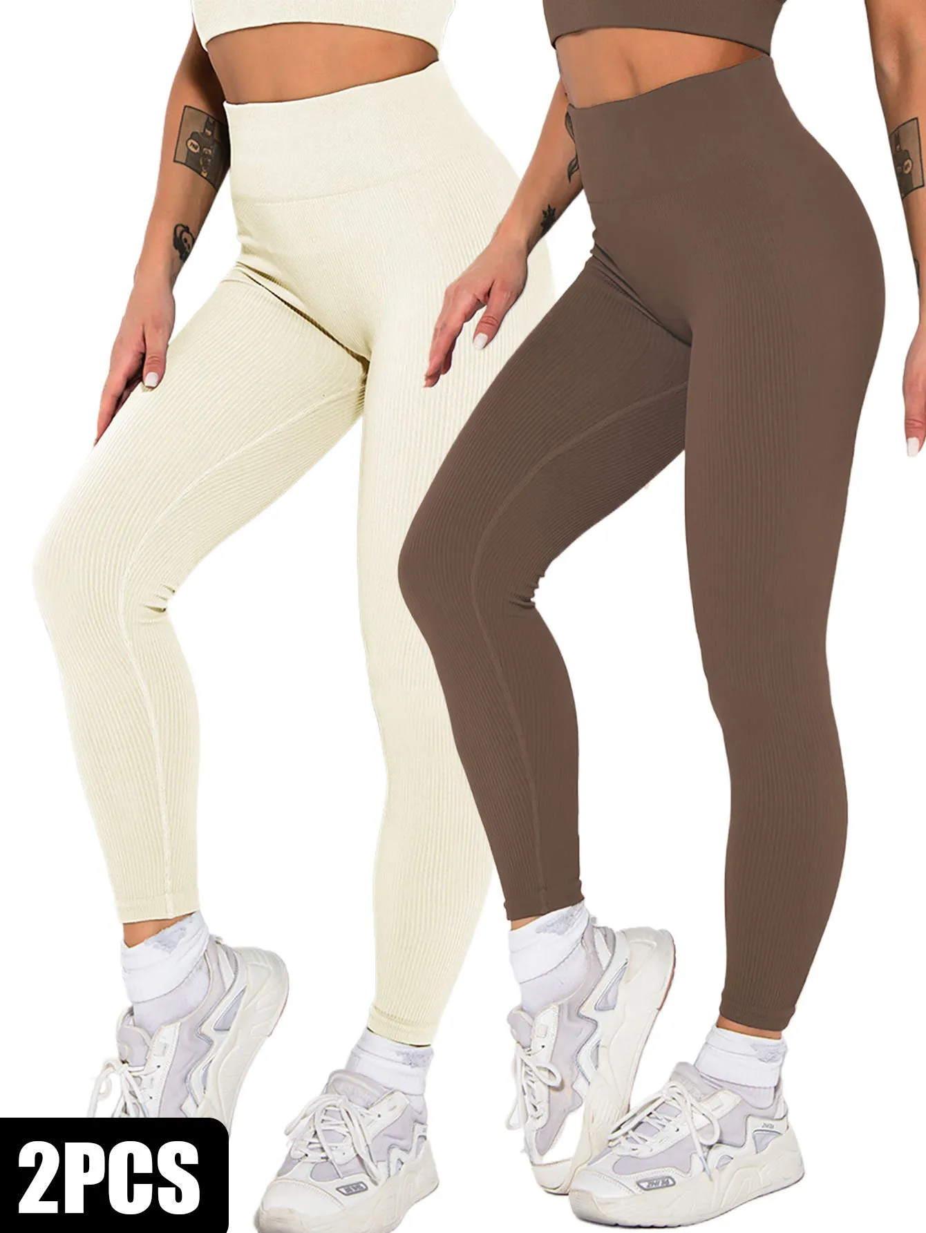 2-Pack Women's Seamless Ribbed Yoga Pants – Soft, Slimming, High-Waisted Gym Leggings for Fitness & Sport