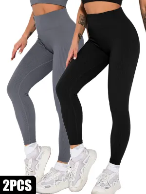 2-Pack Women's Seamless Ribbed Yoga Pants – Soft, Slimming, High-Waisted Gym Leggings for Fitness & Sport