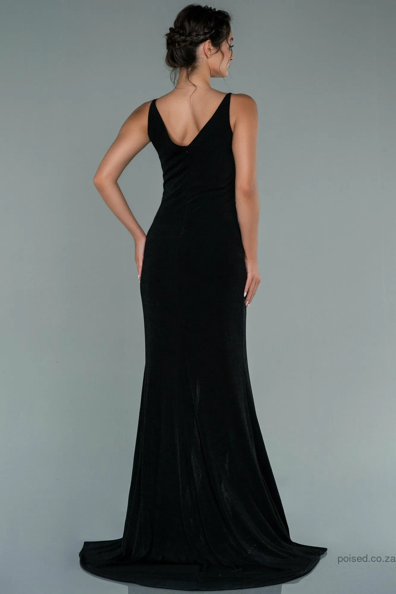 29919 Black Plunging Neckline Draped Slit Dress