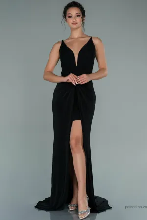 29919 Black Plunging Neckline Draped Slit Dress
