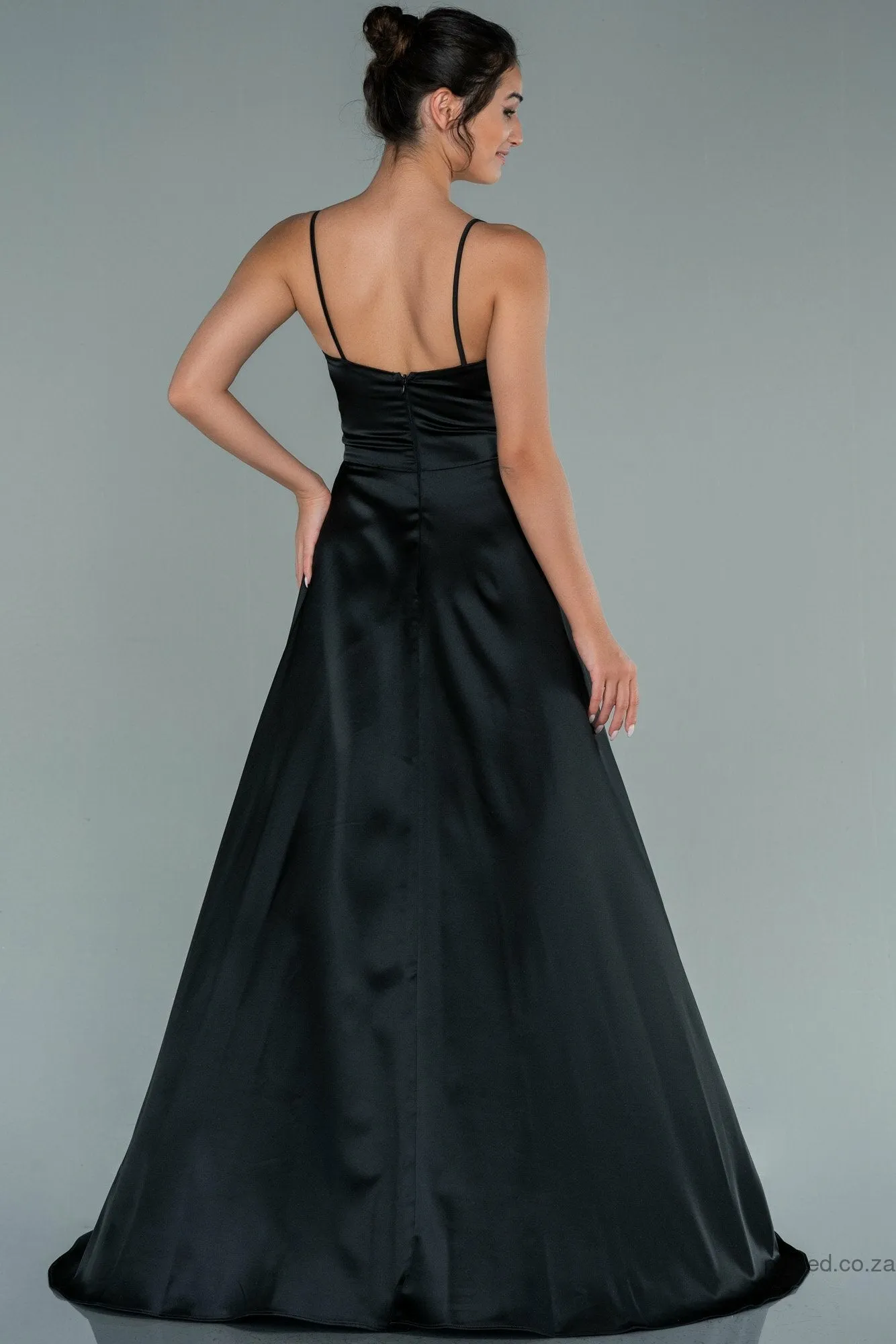 29926 Black Draped Strap Satin Dress