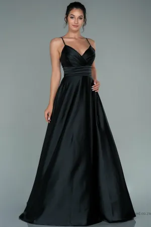 29926 Black Draped Strap Satin Dress