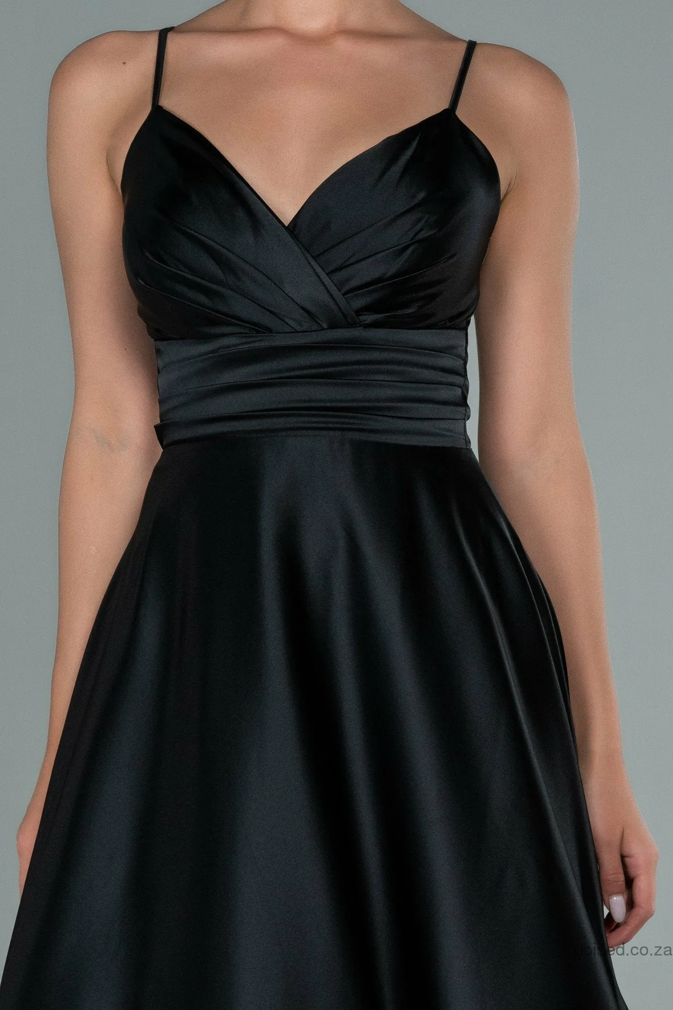 29926 Black Draped Strap Satin Dress