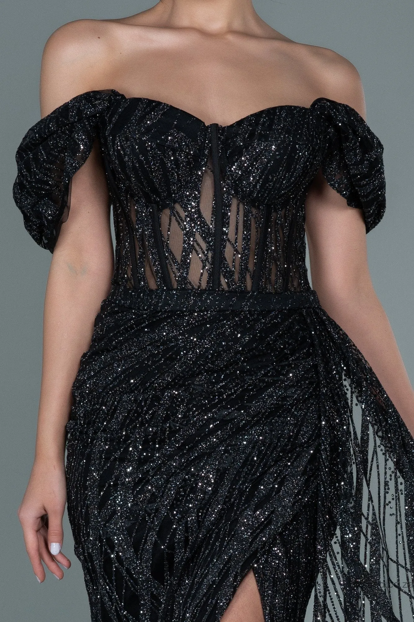 29988 Black Off-Shoulder Sheer Corset Slit Dress