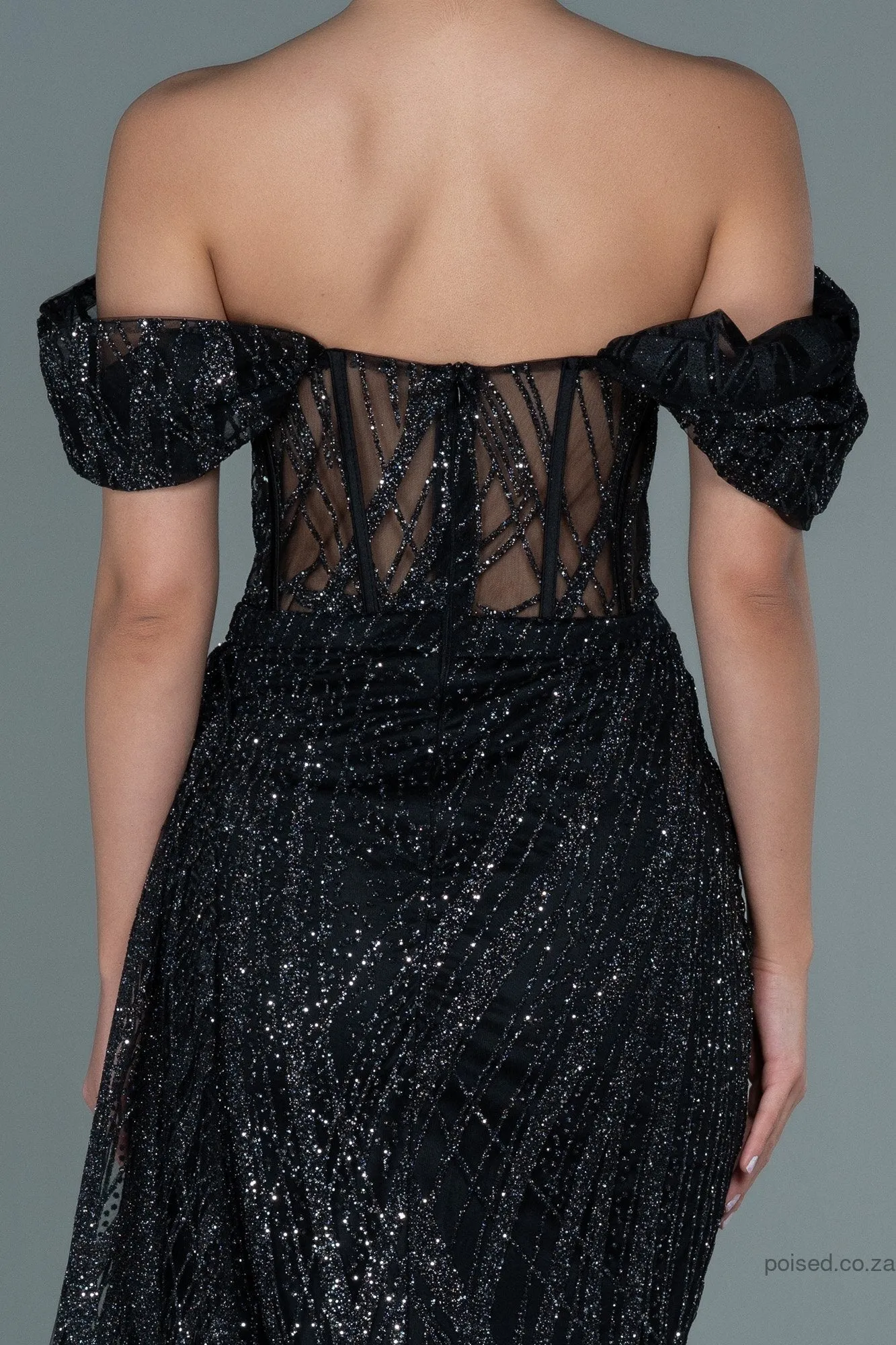 29988 Black Off-Shoulder Sheer Corset Slit Dress