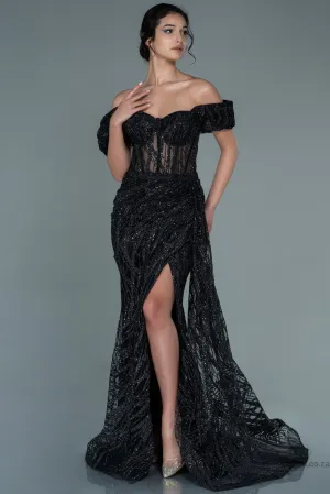 29988 Black Off-Shoulder Sheer Corset Slit Dress