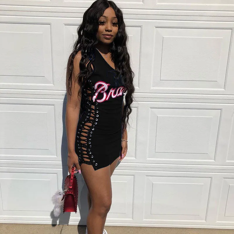 30 Pieces) Hollow Letter Print Sleeveless Mini Bodycon Dress