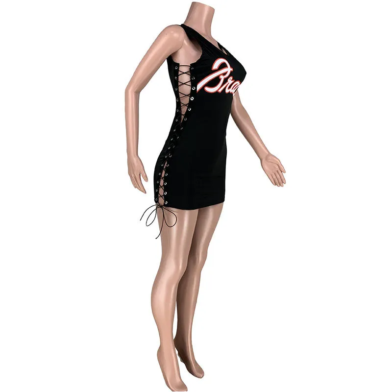 30 Pieces) Hollow Letter Print Sleeveless Mini Bodycon Dress