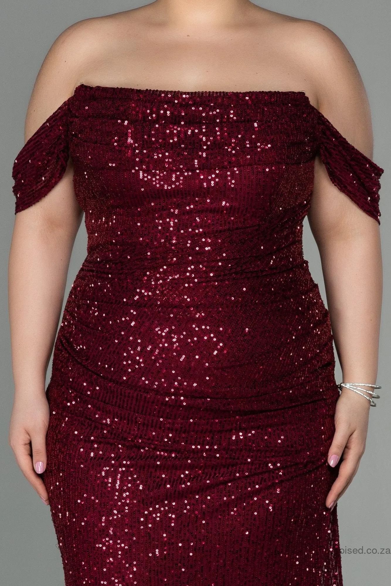 30019 Burgundy Draped Off-Shoulder Sequins Dress