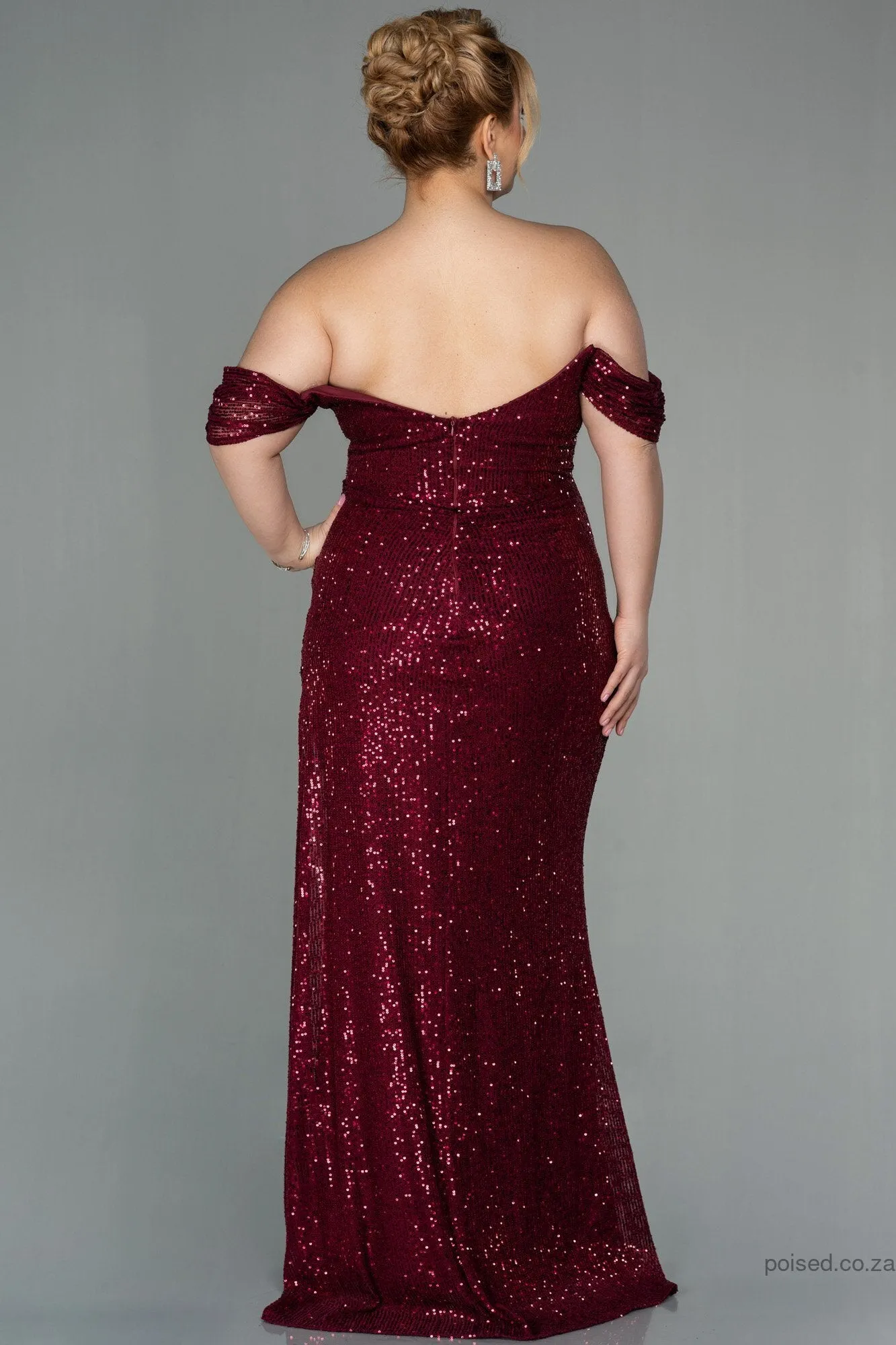 30019 Burgundy Draped Off-Shoulder Sequins Dress