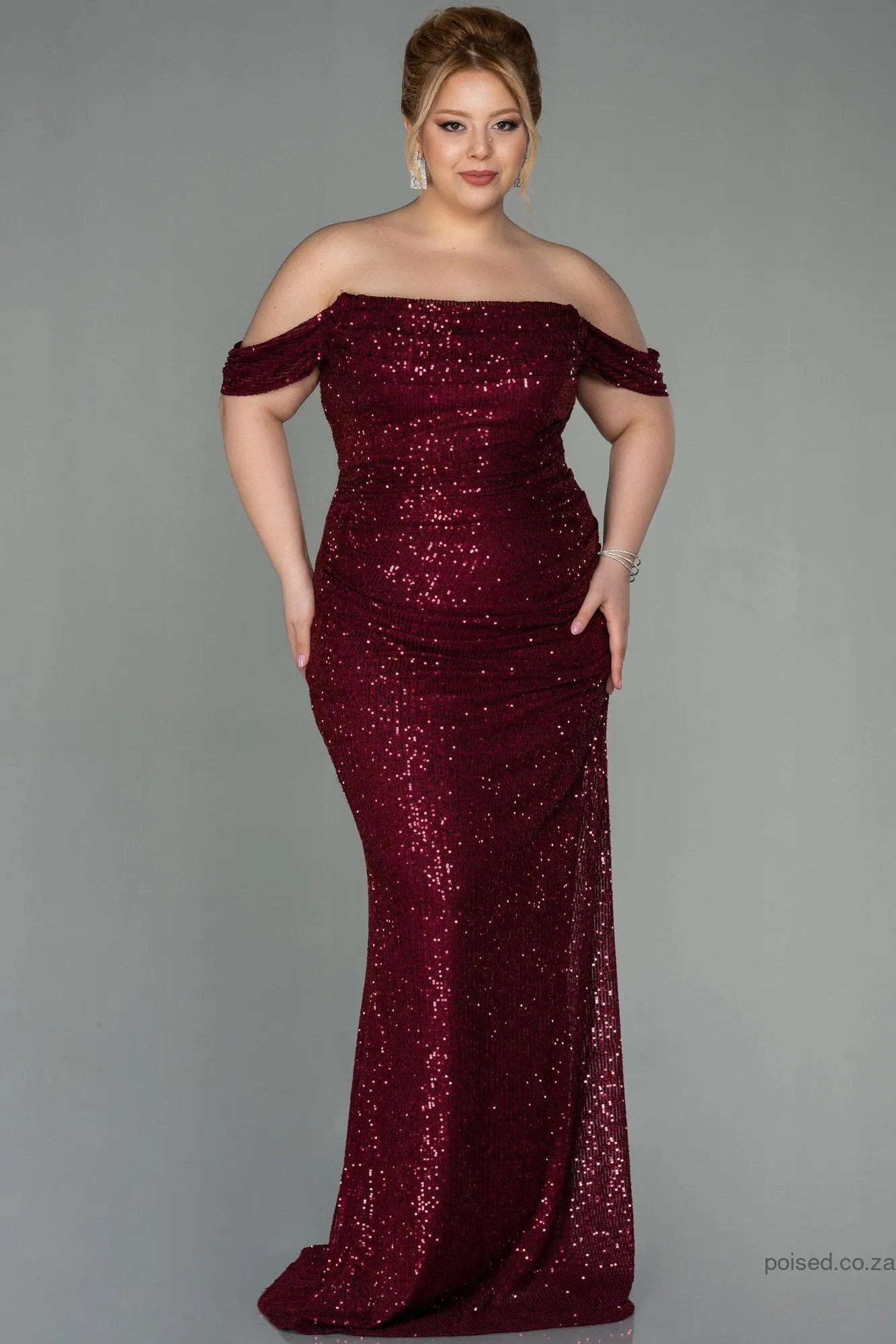 30019 Burgundy Draped Off-Shoulder Sequins Dress