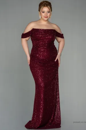 30019 Burgundy Draped Off-Shoulder Sequins Dress