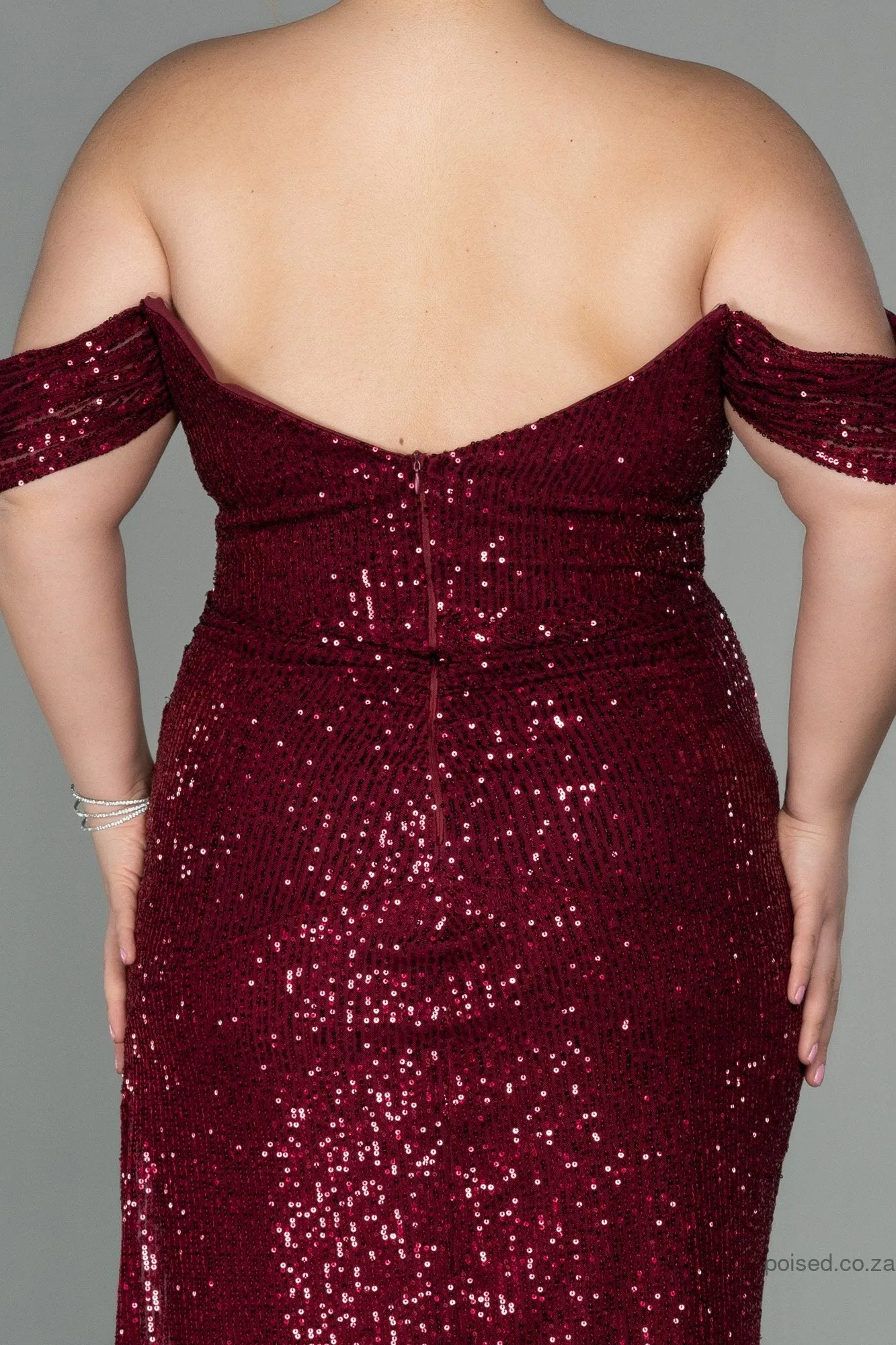 30019 Burgundy Draped Off-Shoulder Sequins Dress