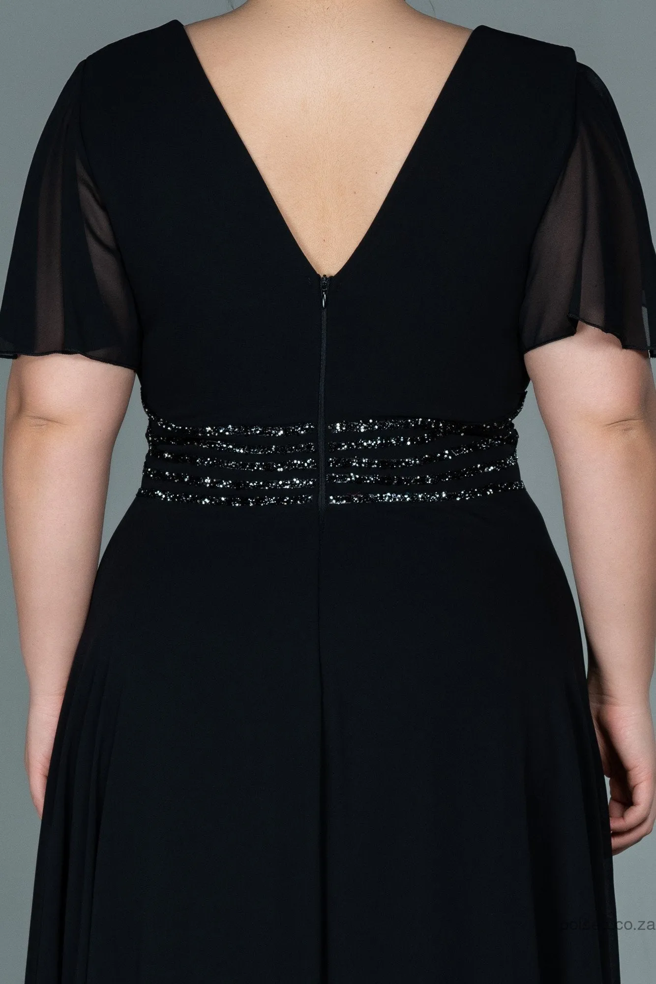 30057 Black Glittery Waist Chiffon Dress