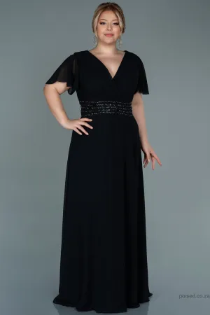 30057 Black Glittery Waist Chiffon Dress