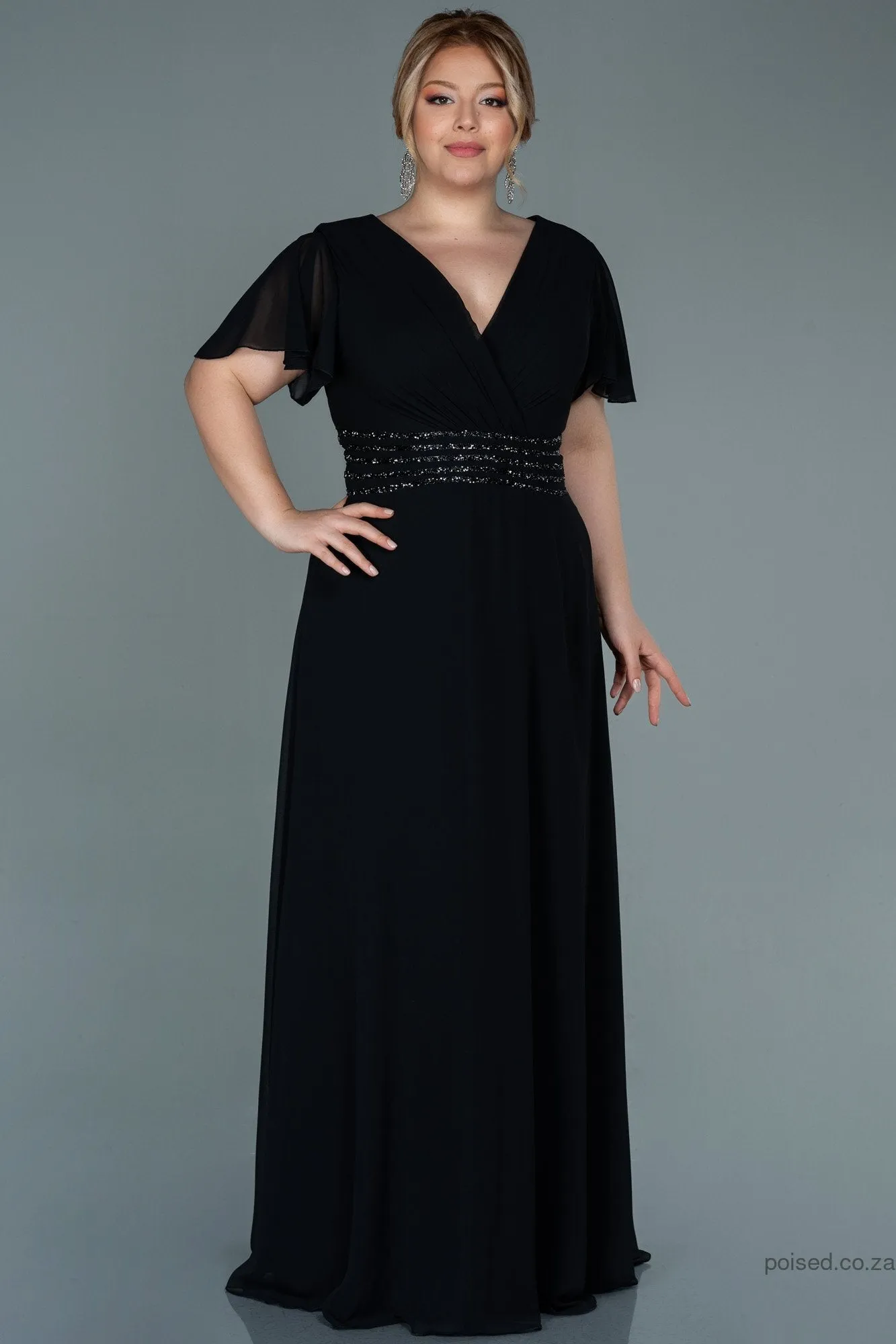 30057 Black Glittery Waist Chiffon Dress