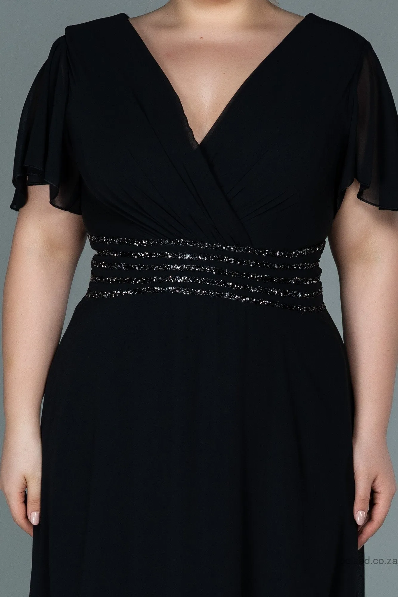 30057 Black Glittery Waist Chiffon Dress