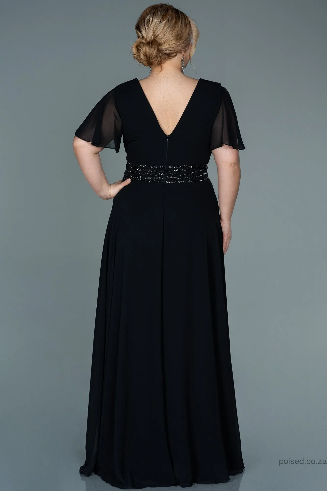 30057 Black Glittery Waist Chiffon Dress