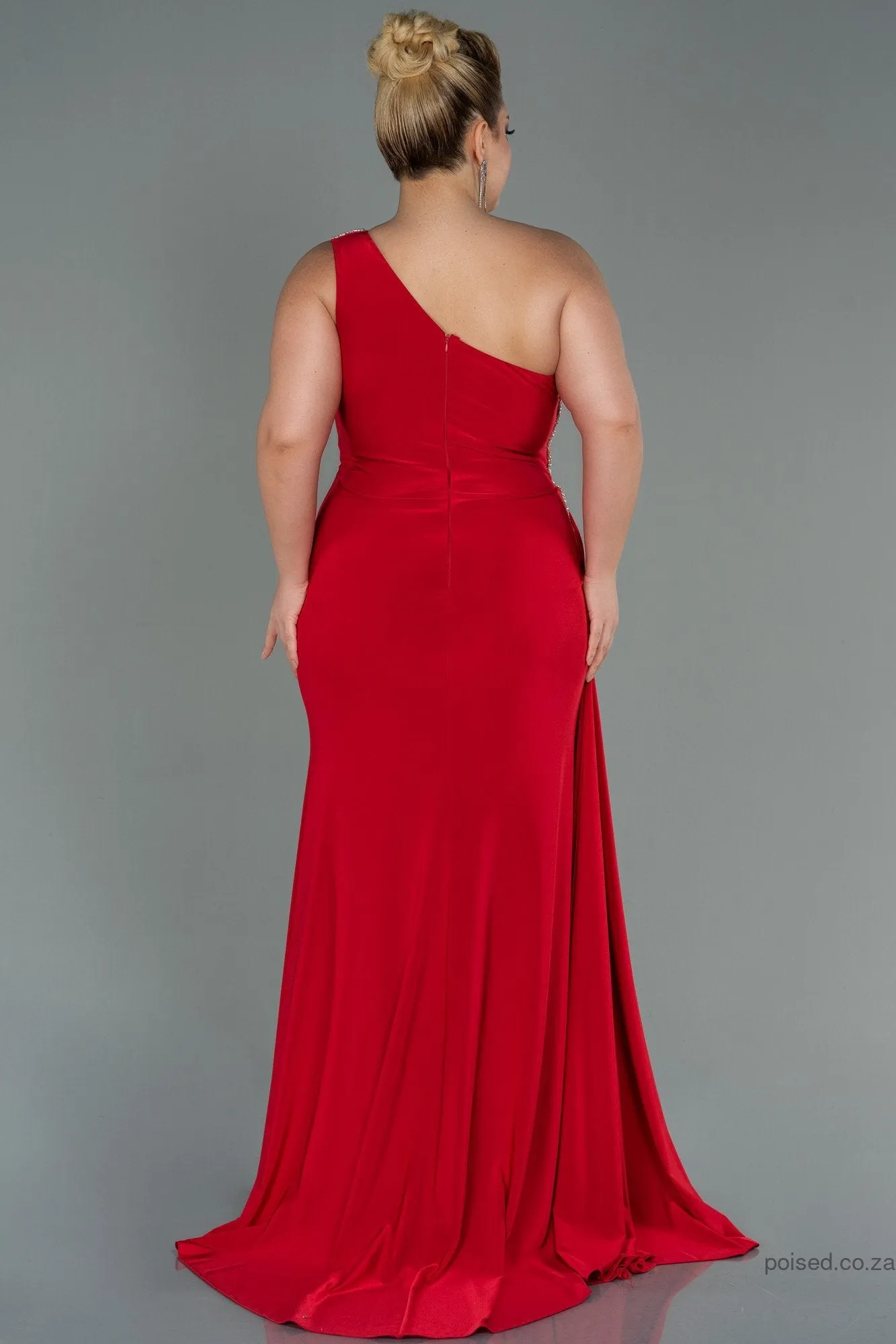 30161 Red One Shoulder Draped Slit Dress