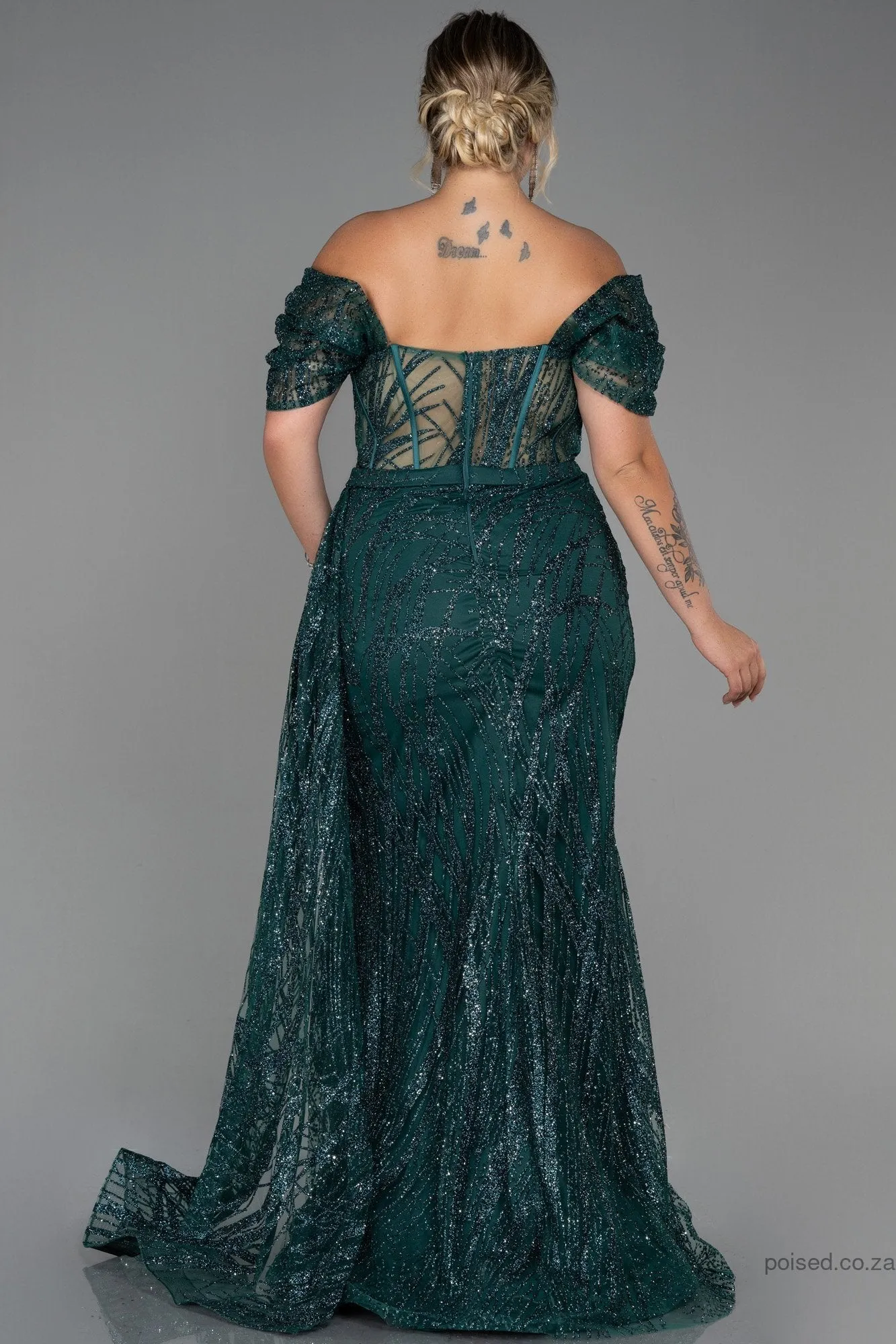 30183 Emerald Green Off-Shoulder Sheer Corset Slit Dress