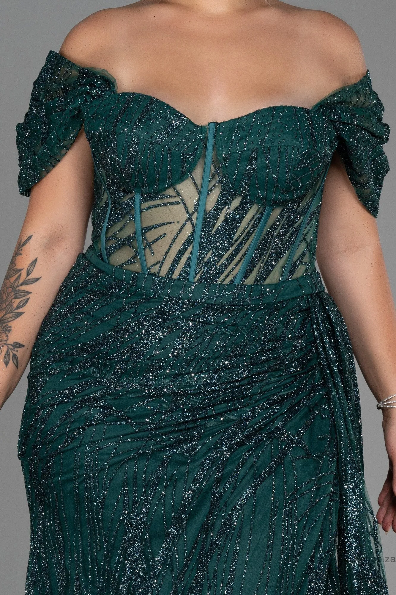 30183 Emerald Green Off-Shoulder Sheer Corset Slit Dress