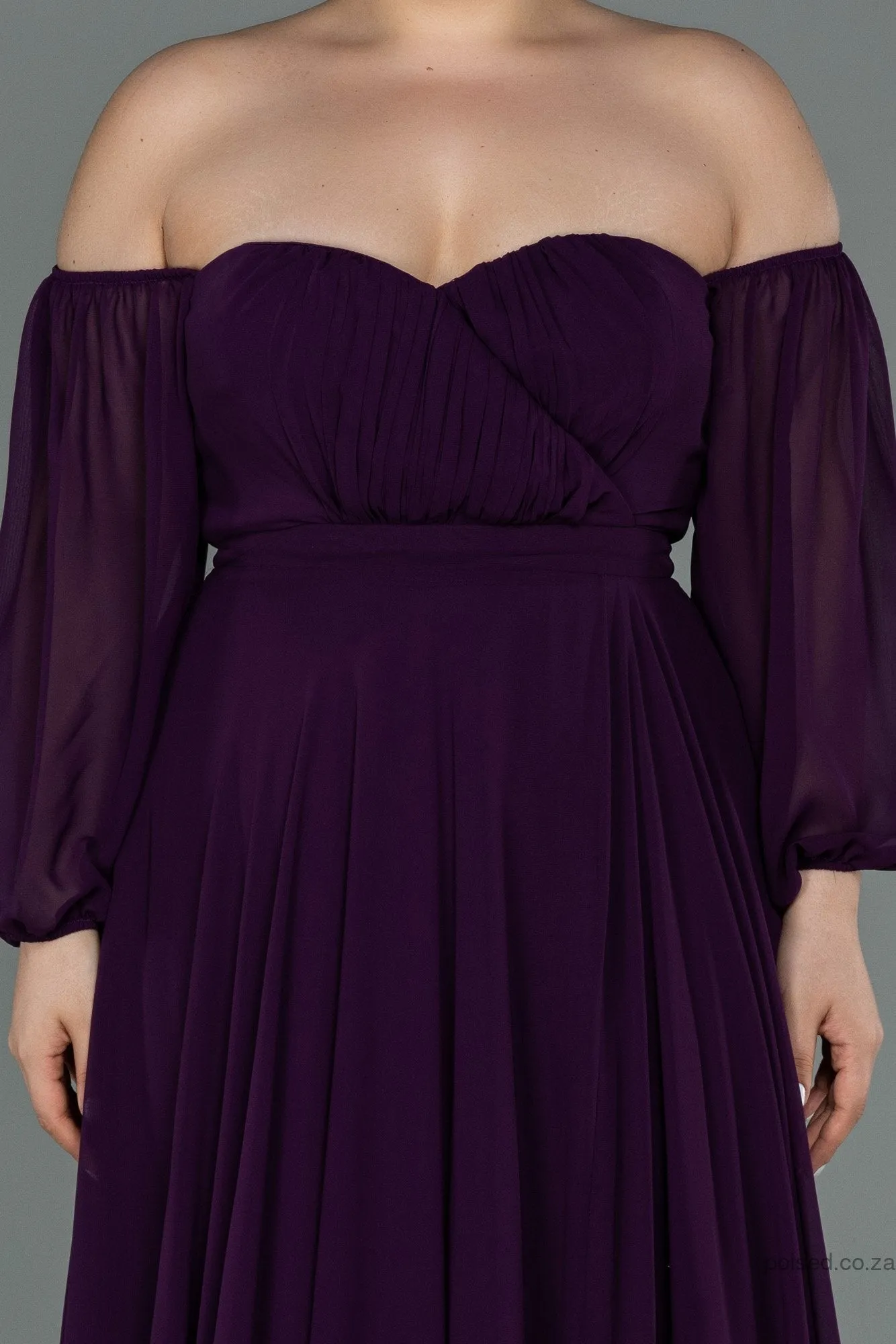 30188 Purple Off-Shoulder Chiffon Slit Dress