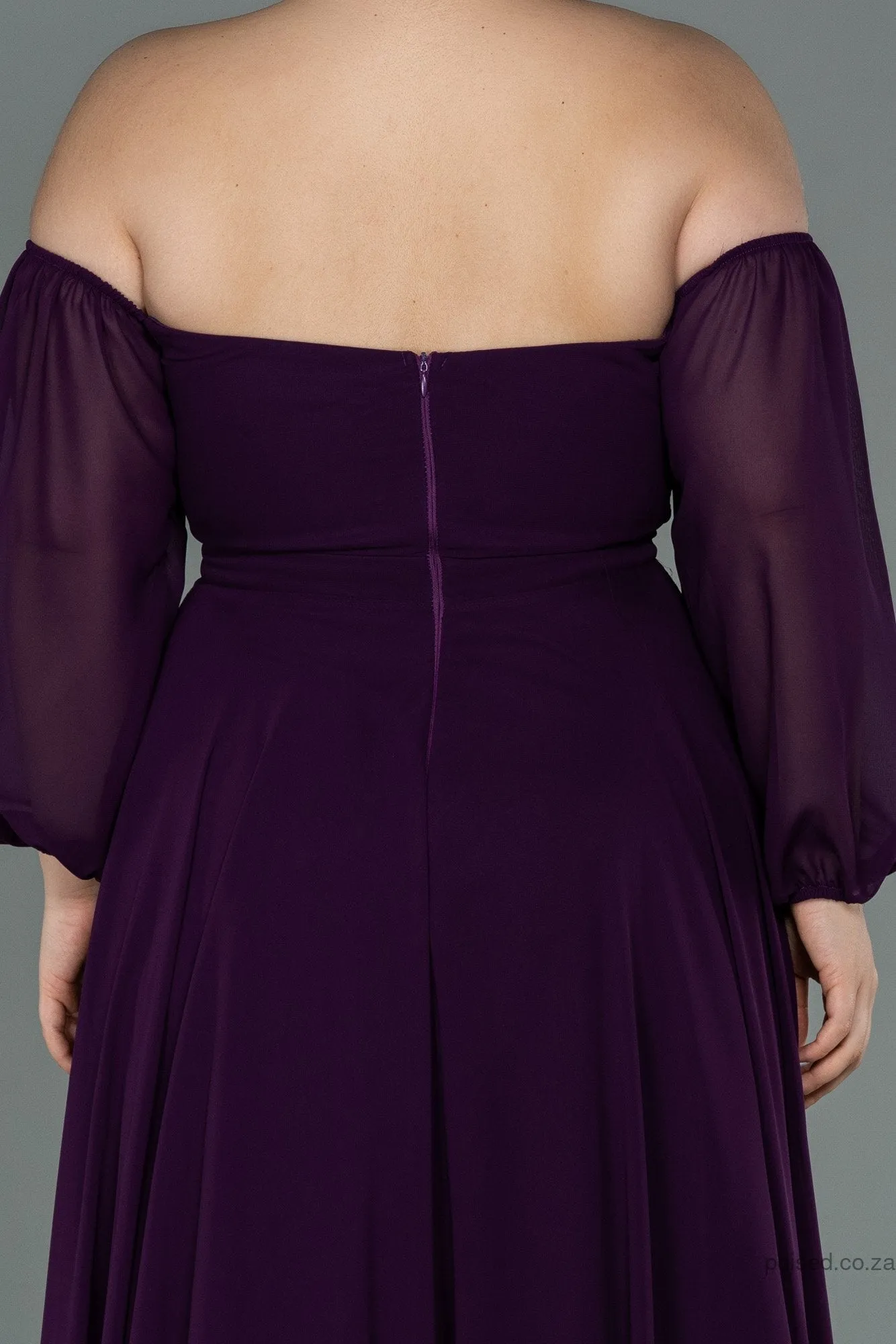 30188 Purple Off-Shoulder Chiffon Slit Dress