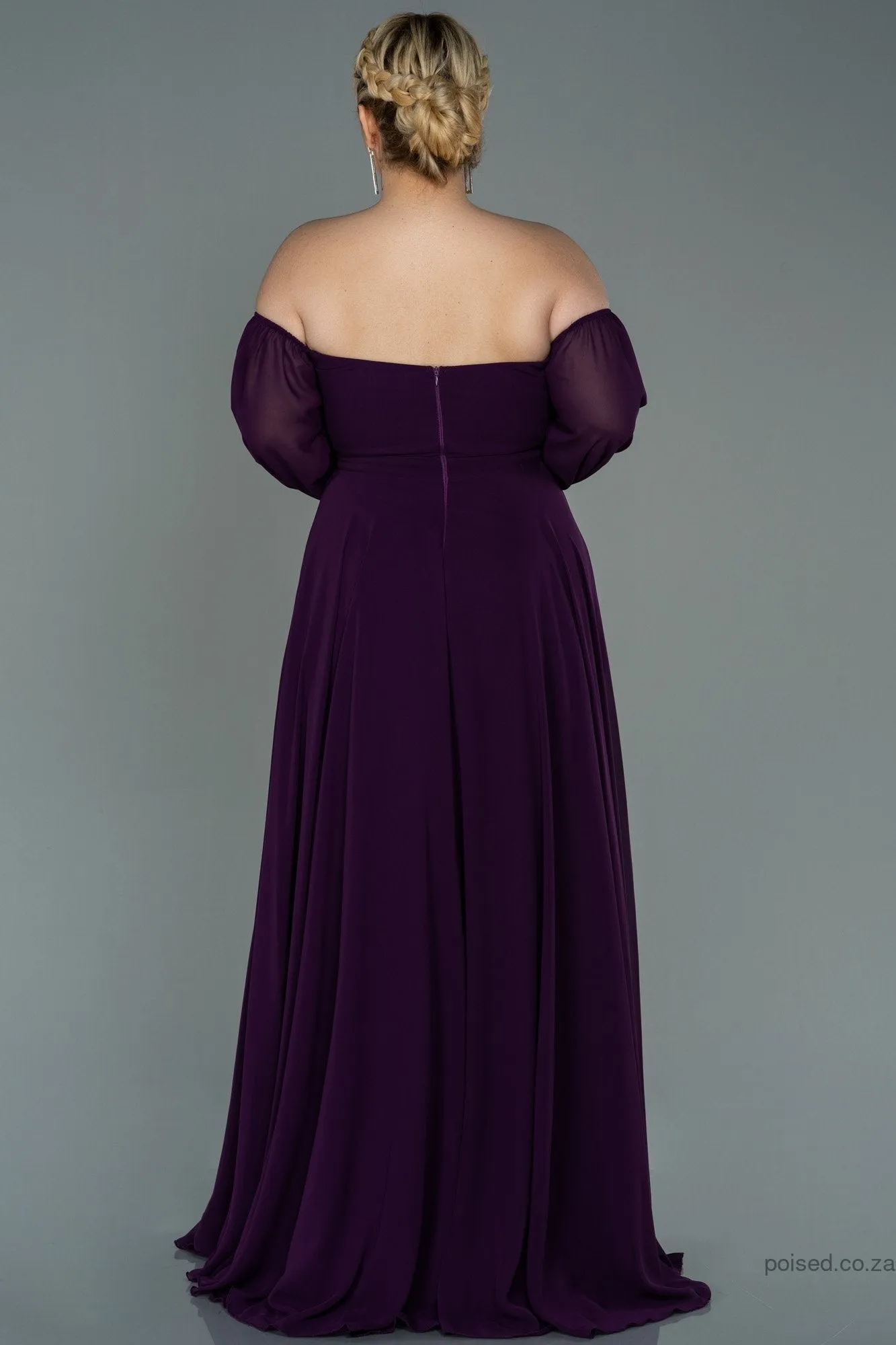 30188 Purple Off-Shoulder Chiffon Slit Dress