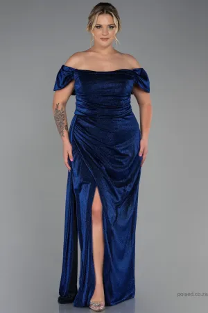30209 Navy Blue Off-Shoulder Draped Shimmer Slit Dress