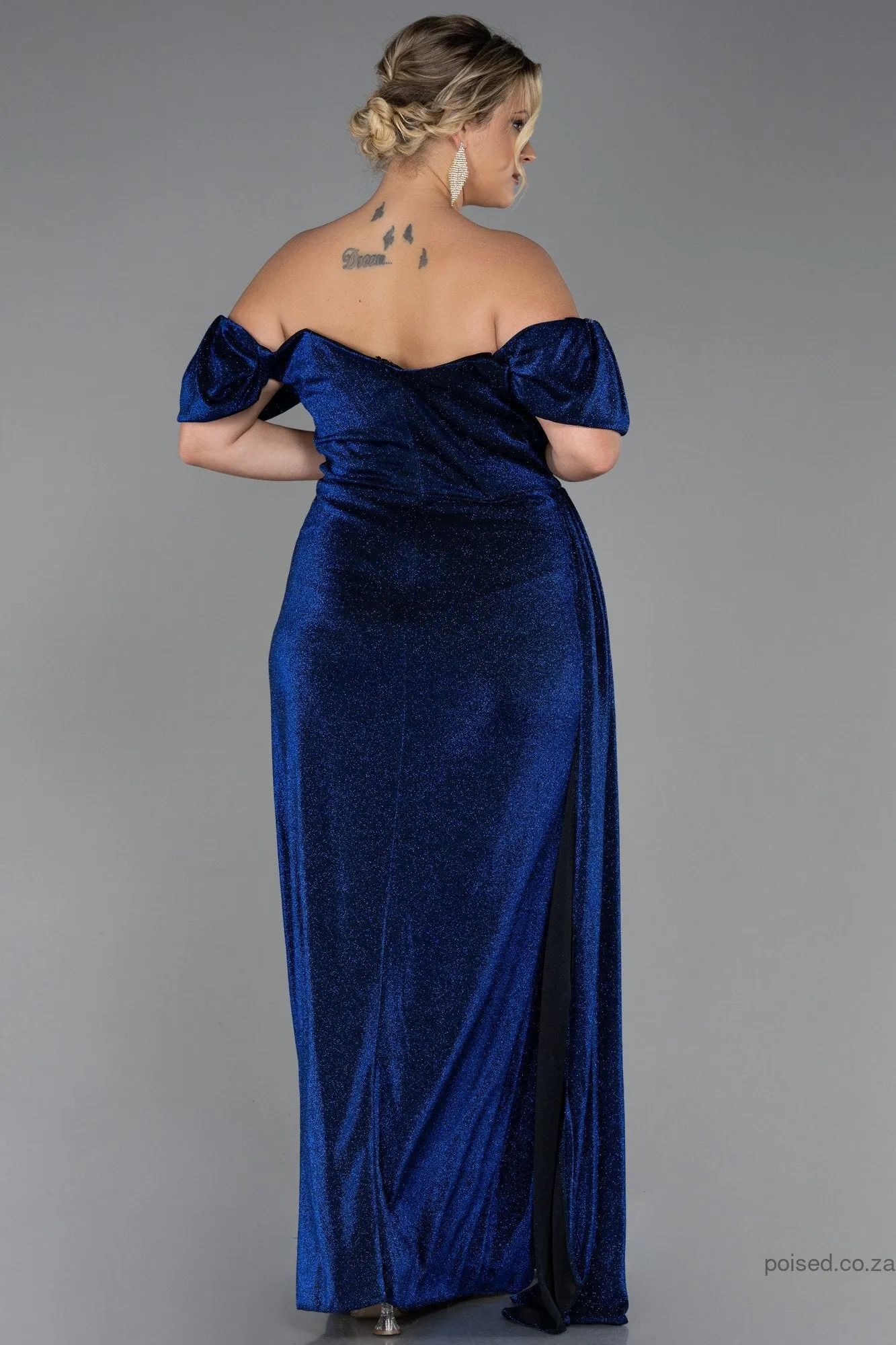 30209 Navy Blue Off-Shoulder Draped Shimmer Slit Dress