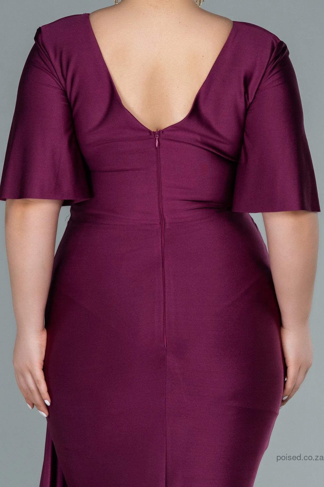 30215 Plum Waist Brooch Draped Slit Dress