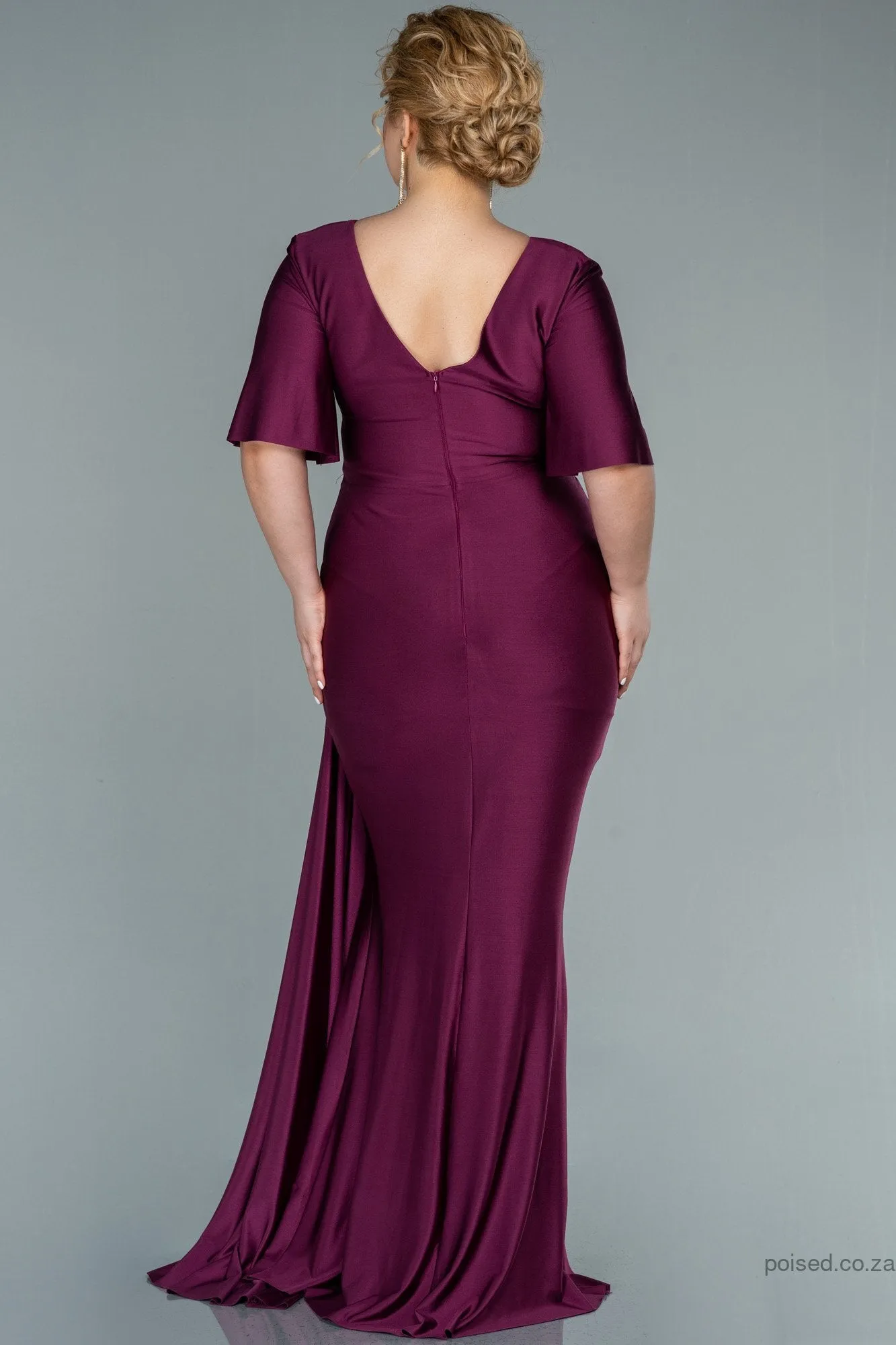 30215 Plum Waist Brooch Draped Slit Dress