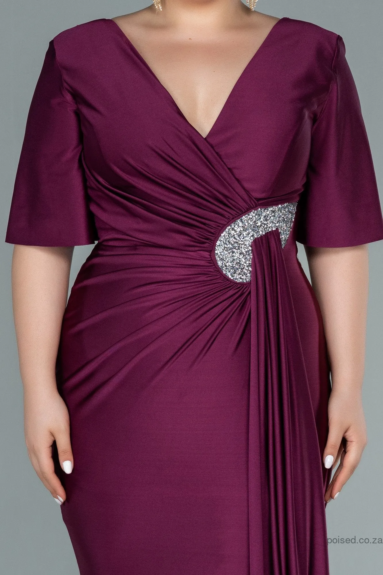 30215 Plum Waist Brooch Draped Slit Dress