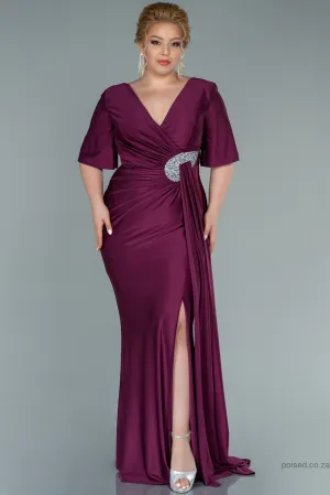 30215 Plum Waist Brooch Draped Slit Dress