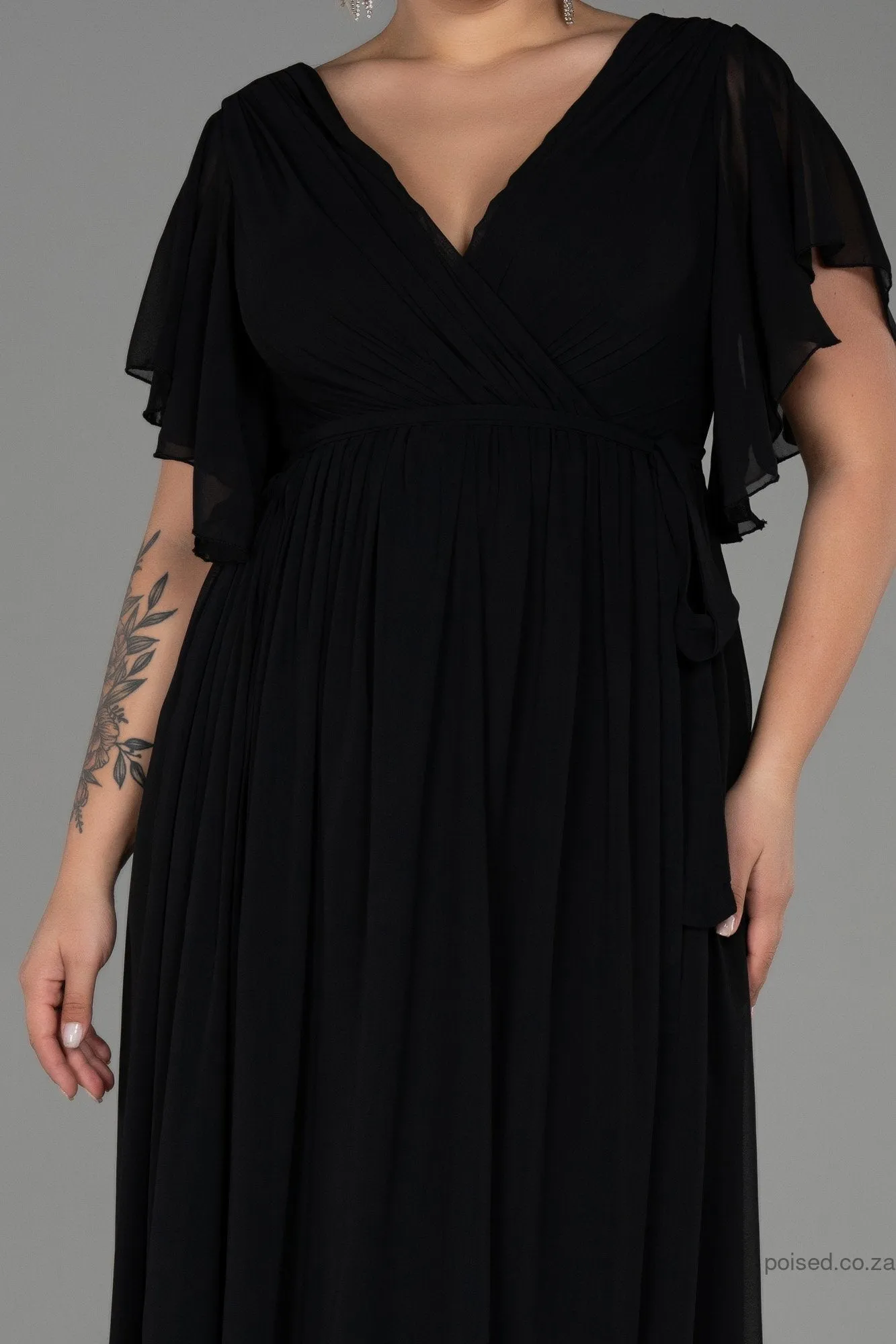 30234 Black Sheer Sleeve Empire Chiffon Dress