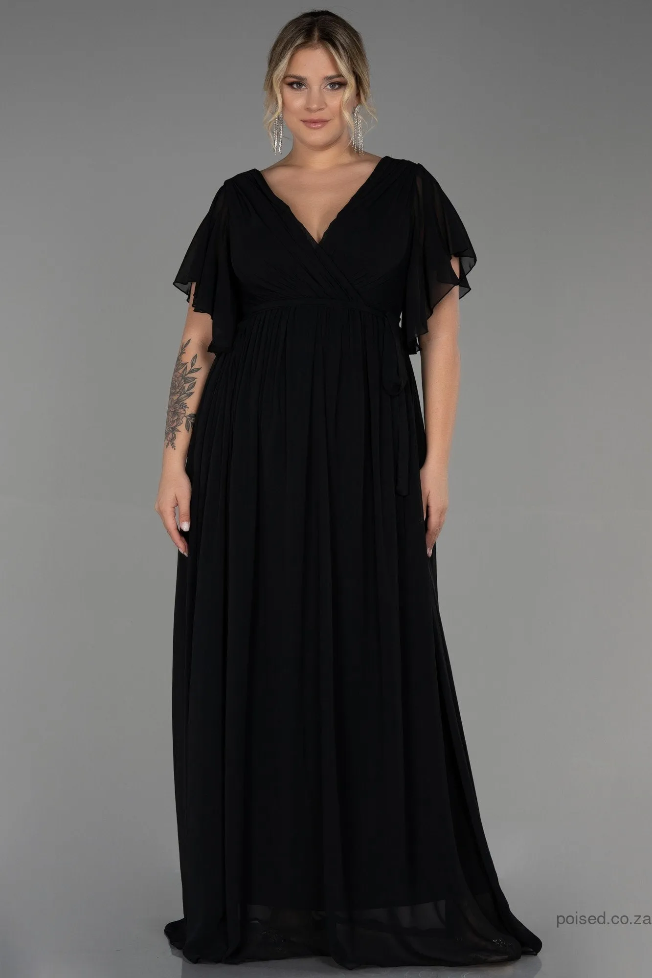 30234 Black Sheer Sleeve Empire Chiffon Dress