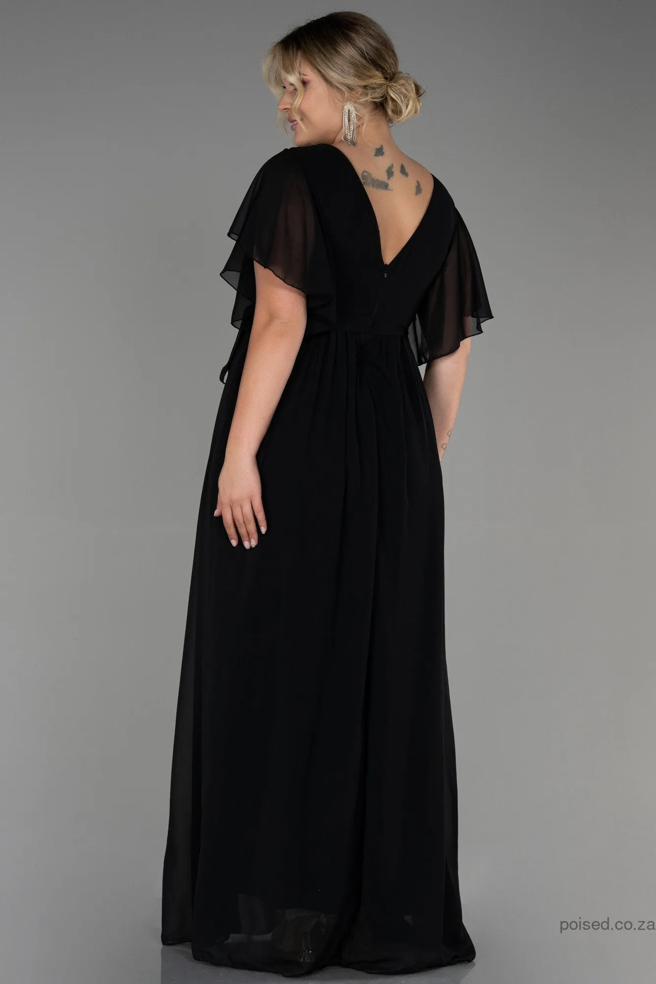 30234 Black Sheer Sleeve Empire Chiffon Dress
