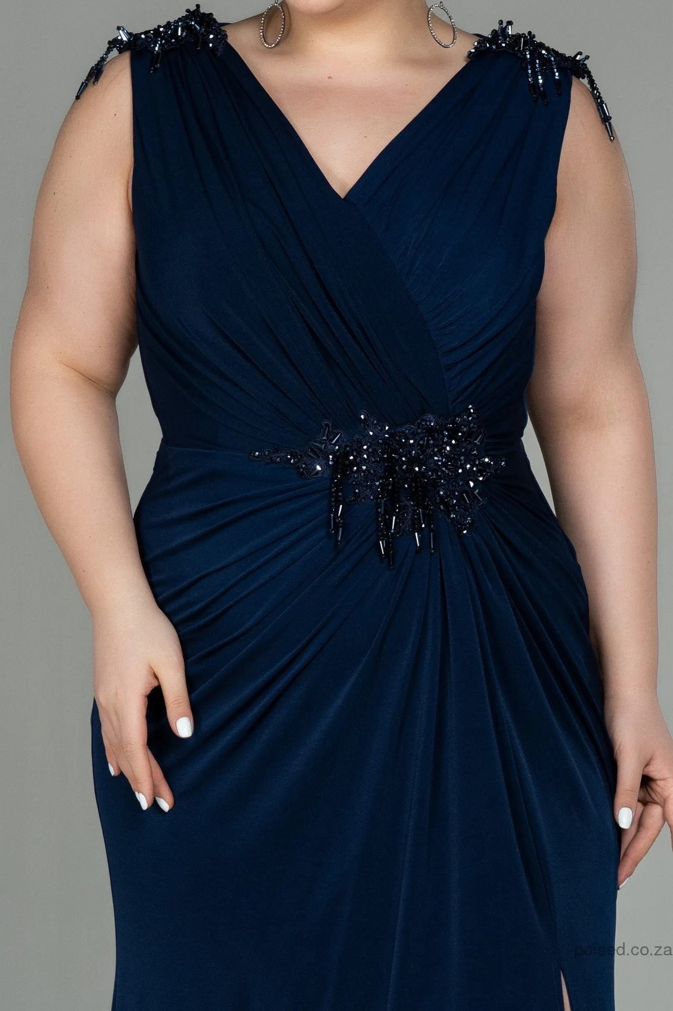 30253 Navy Blue Sleeveless Draped Slit Dress