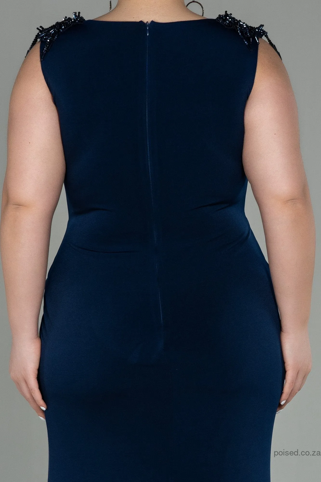 30253 Navy Blue Sleeveless Draped Slit Dress