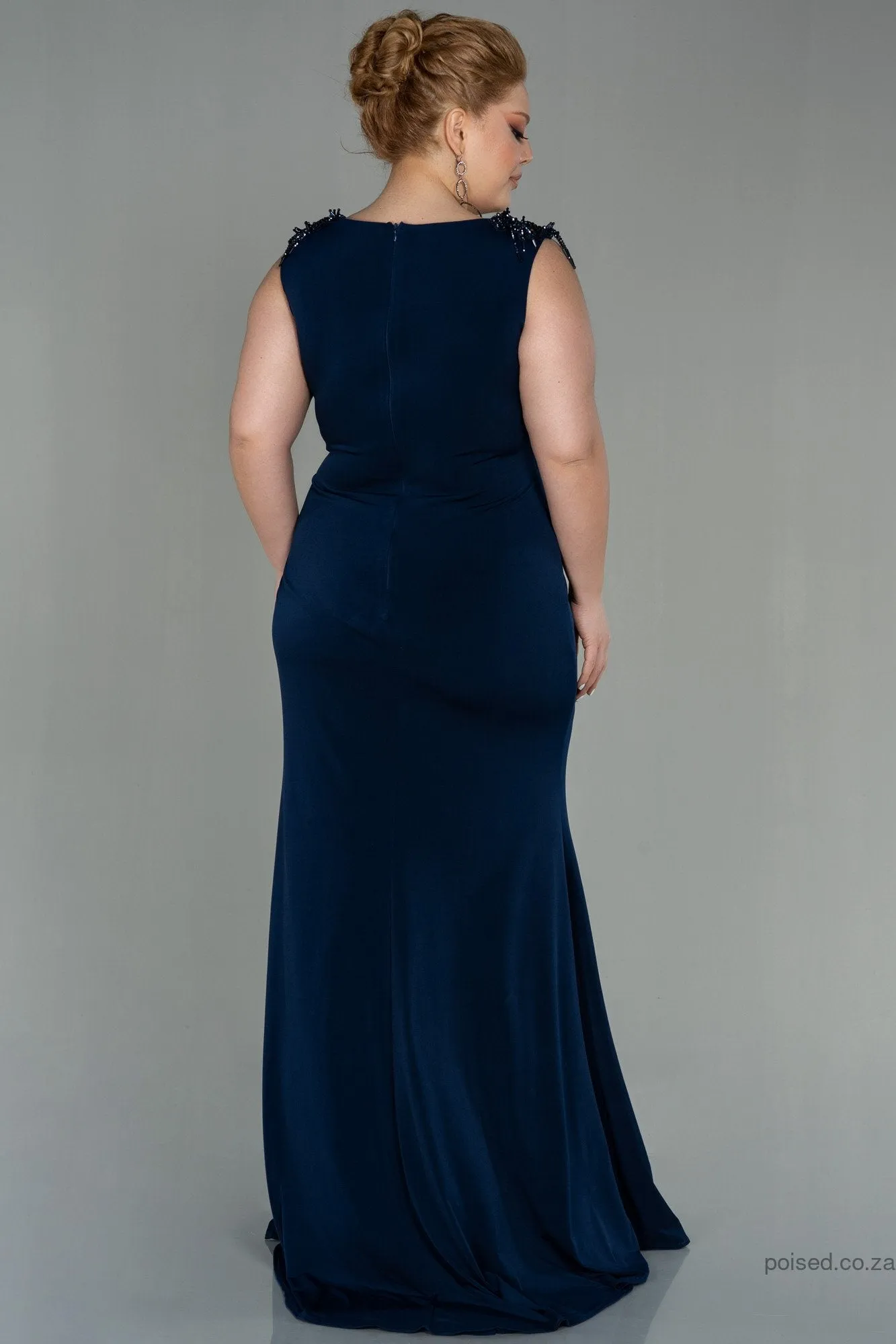 30253 Navy Blue Sleeveless Draped Slit Dress